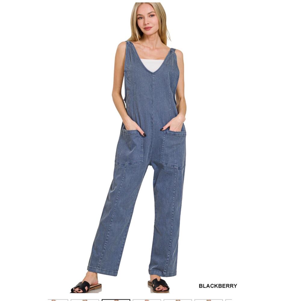 Zenana - Denim Overalls with Adjustable Strap Jumpsuit (Blackberry) - MEDIUM